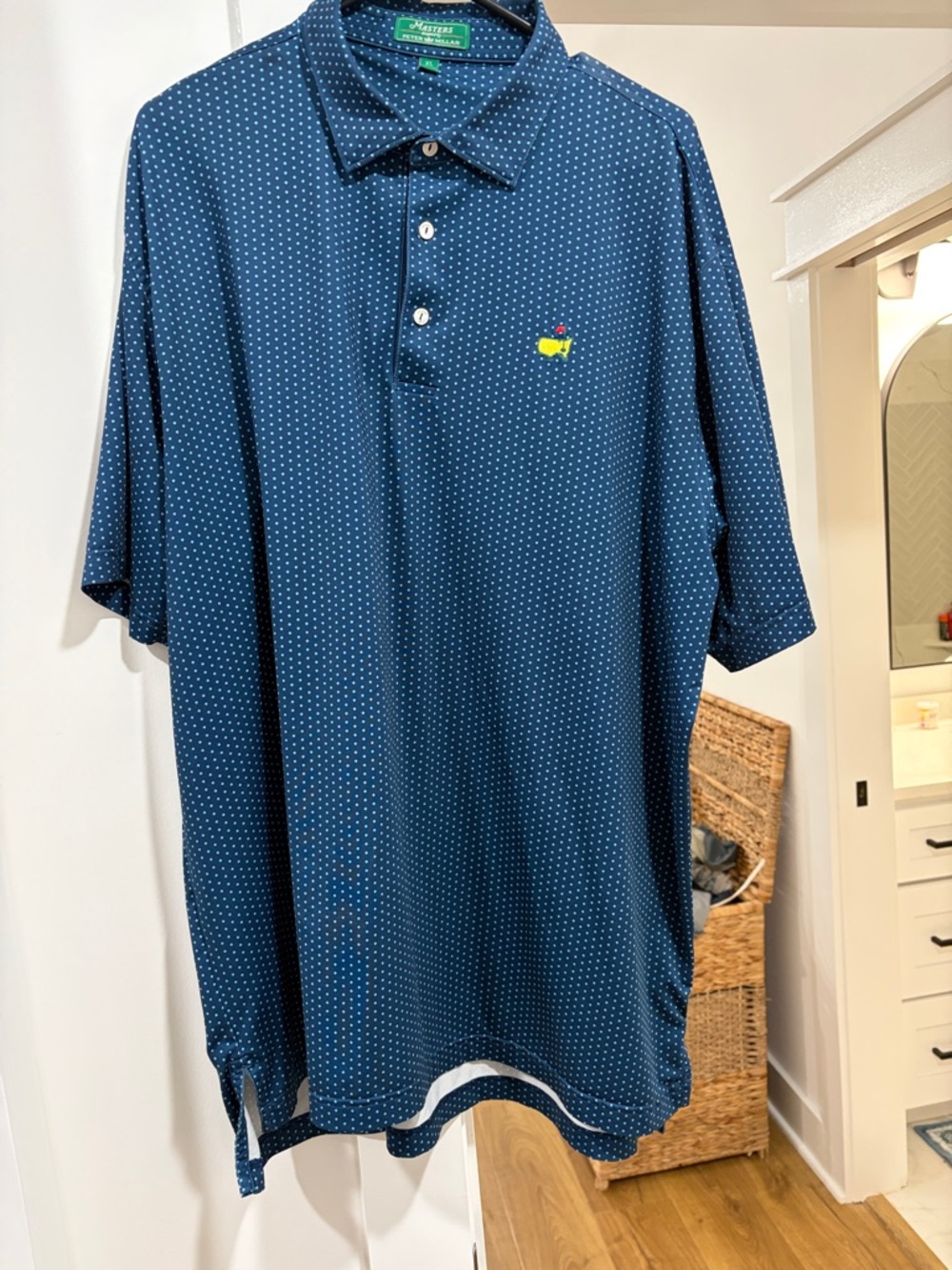 Peter Millar Masters Navy Polo with White Microdot Pattern and Yellow Logo